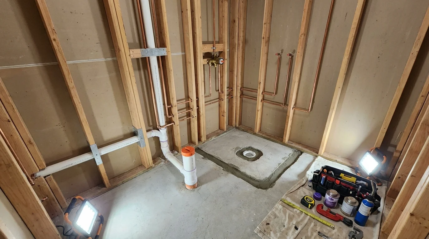 Bathroom rough-in plumbing during remodel by Johns Plumbing LLC in Rock Hill