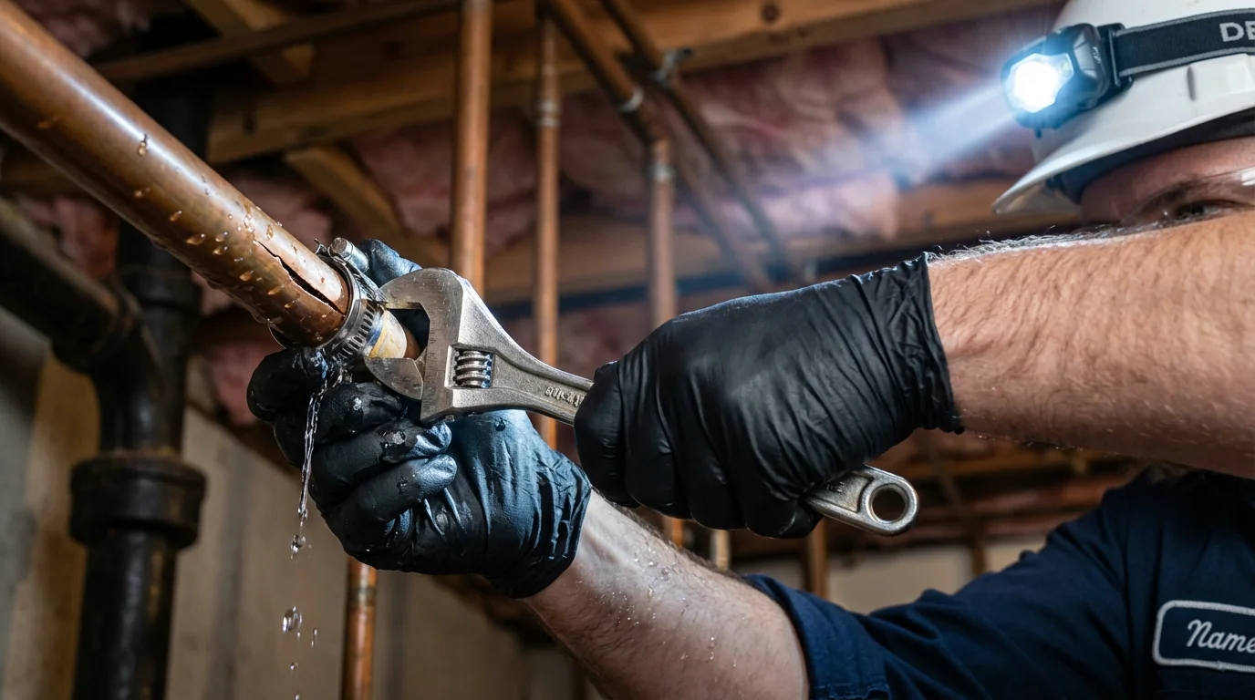 Emergency pipe clamp repair being performed by a Johns Plumbing LLC plumber in Rock Hill