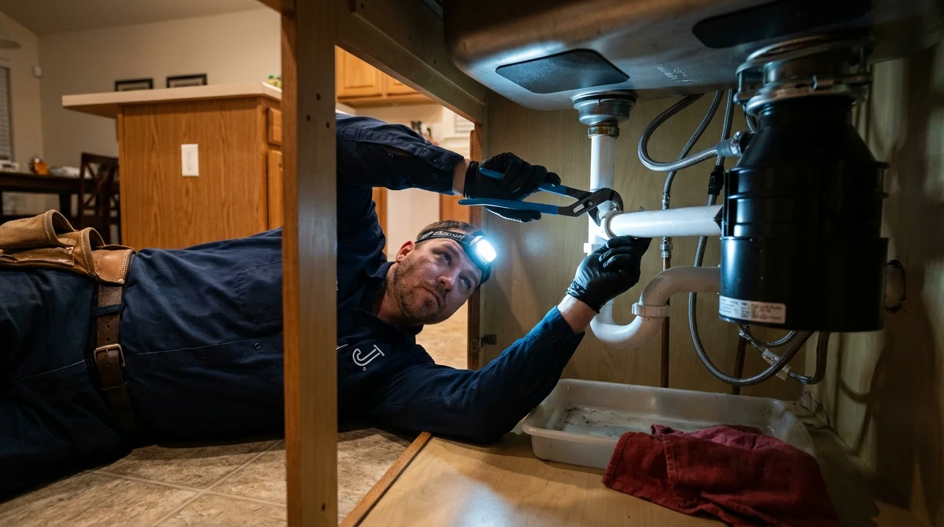 P-trap and supply line connections under a kitchen sink showing a common leak point in Rock Hill, NY
